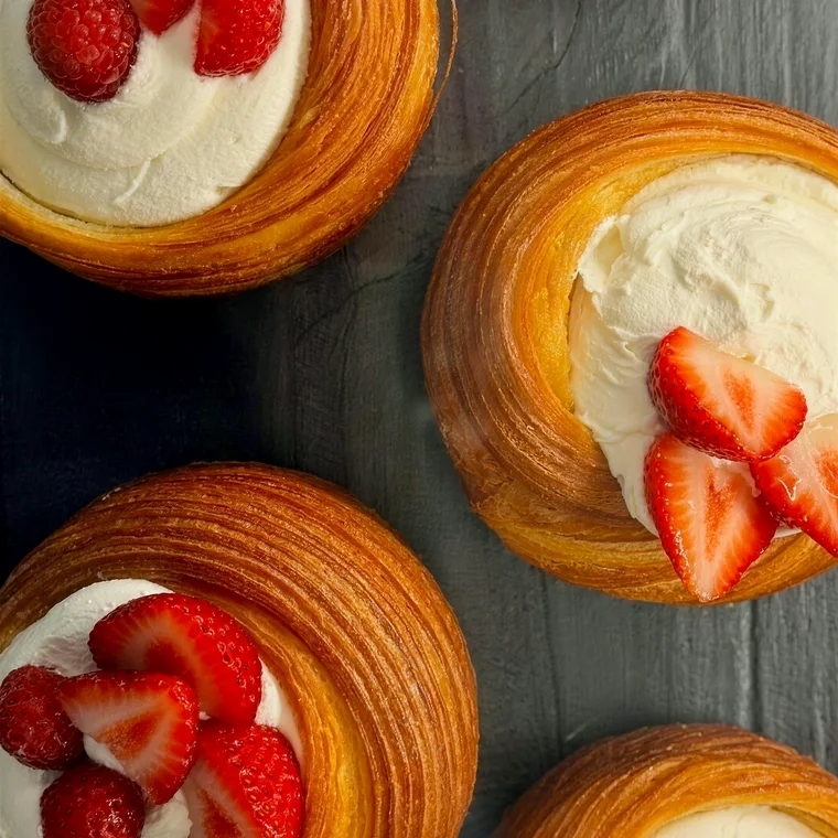 Cestas de hojaldre con chantilly y fresas vistas desde arriba